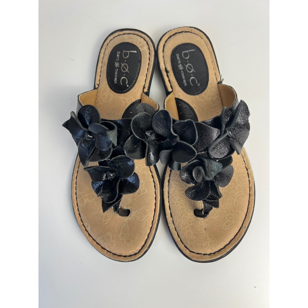 b.o.c Born Concept Black Leather Floral Thong Sandals Sz 6 Boho Resort Flip Flop